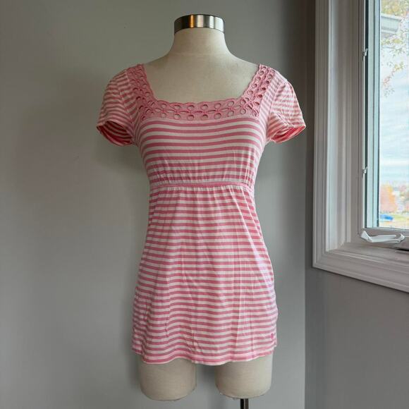 Y2k abercrombie and fitch pink and white striped babydoll top with lace trim - Picture 1 of 7